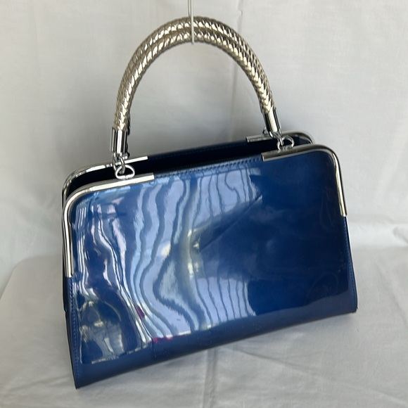 MG COLLECTION “MATANA” High Gloss Blue Faux Patent Leather Evening Satchel - Picture 11 of 11